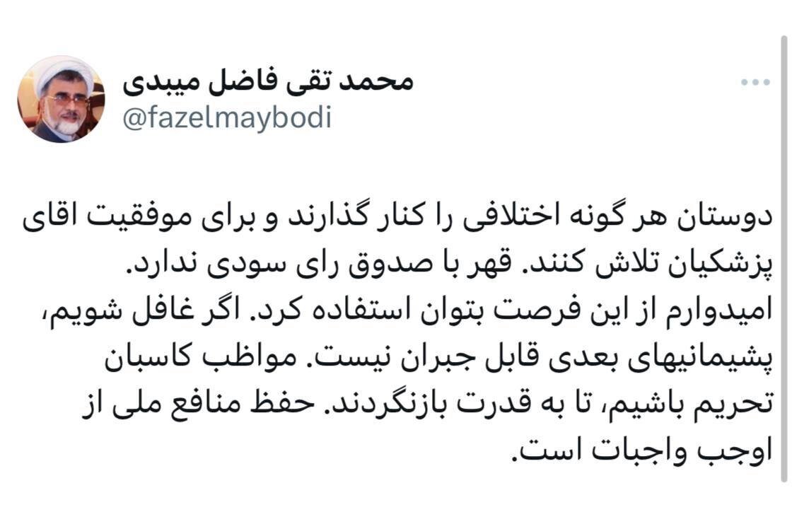 حمایت تمام قد روحانیِ اصلاح طلب از مسعود پزشکیان: مواظب کاسبان تحریم باشیم، تا به قدرت بازنگردند /قهر با صندوق رای سودی ندارد